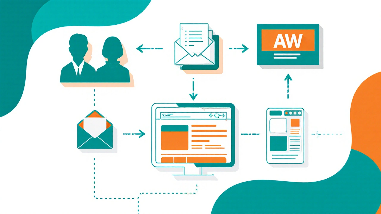 Digitální marketingový workflow s rozdělenou cílovou skupinou, e‑maily a reklamními bannery ve stylu vektorové ilustrace.
