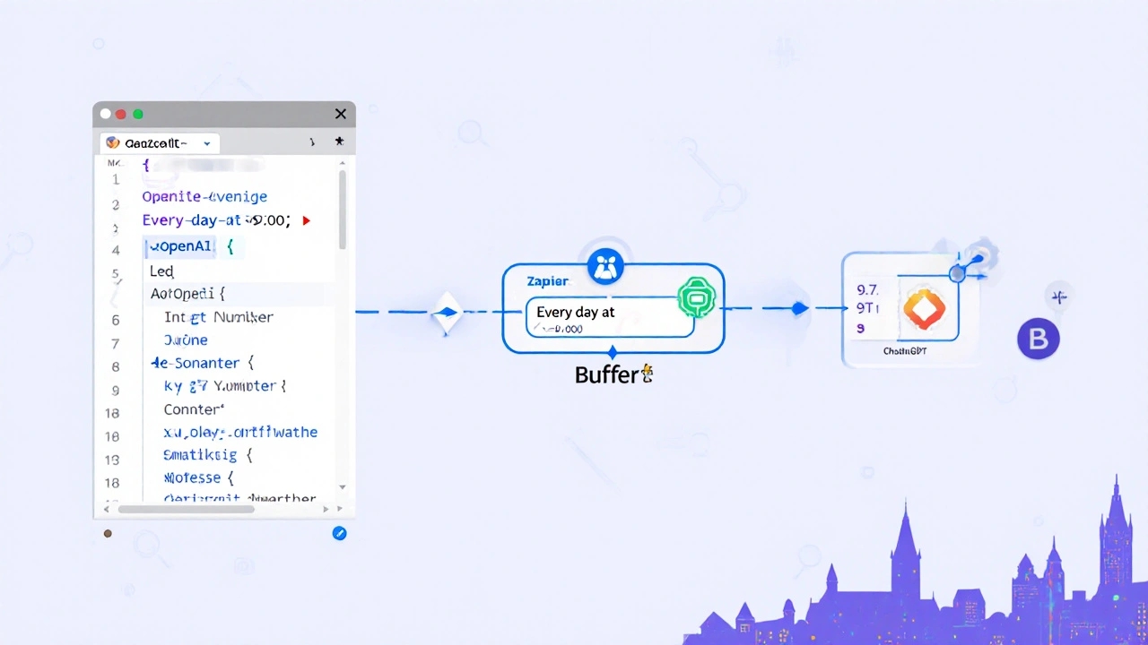 Izometrický diagram ukazující API klíč, Zapier trigger, ChatGPT a Buffer.