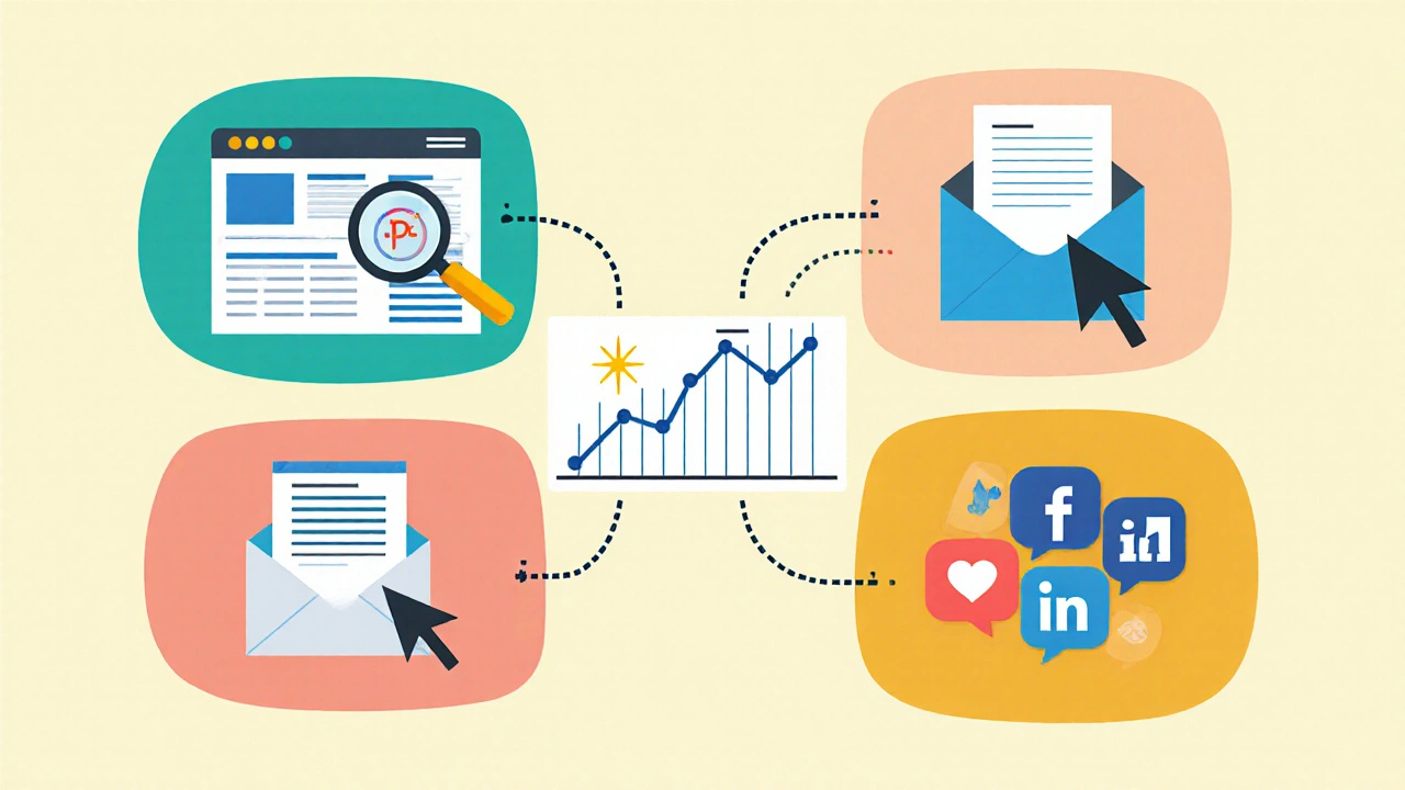 Koláž čtyř kanálů: SEO, PPC, e‑mail a sociální sítě s grafem výkonu.