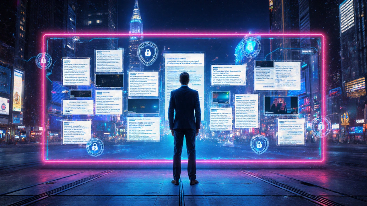 Marketingová profesionálka u AI‑generovaného obsahu a krátkých videí v neonovém futuristickém prostředí.