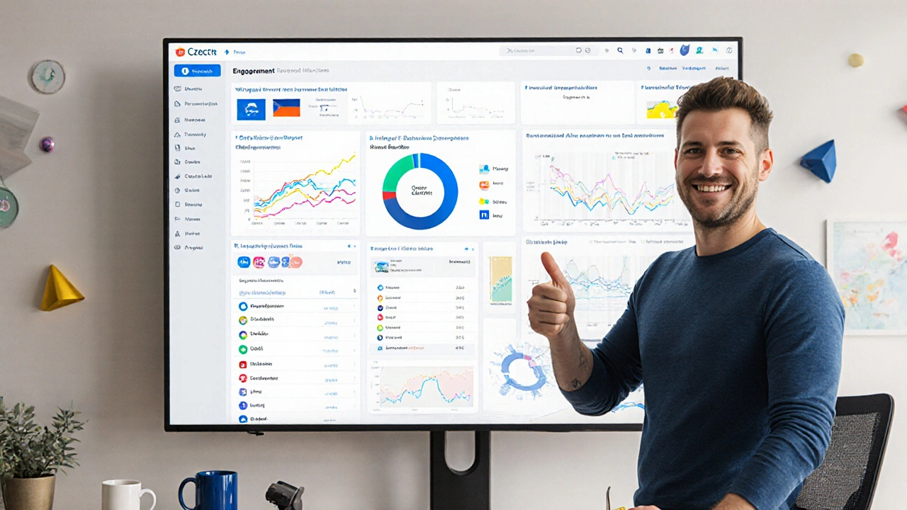 Šťastný marketér před monitorem s grafy a AI‑vytvořenými příspěvky.