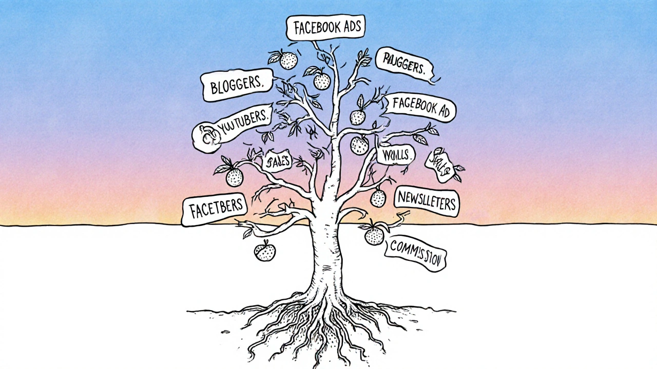 Strom s větvemi představujícími affiliate partnery roste nad padajícími reklamami.