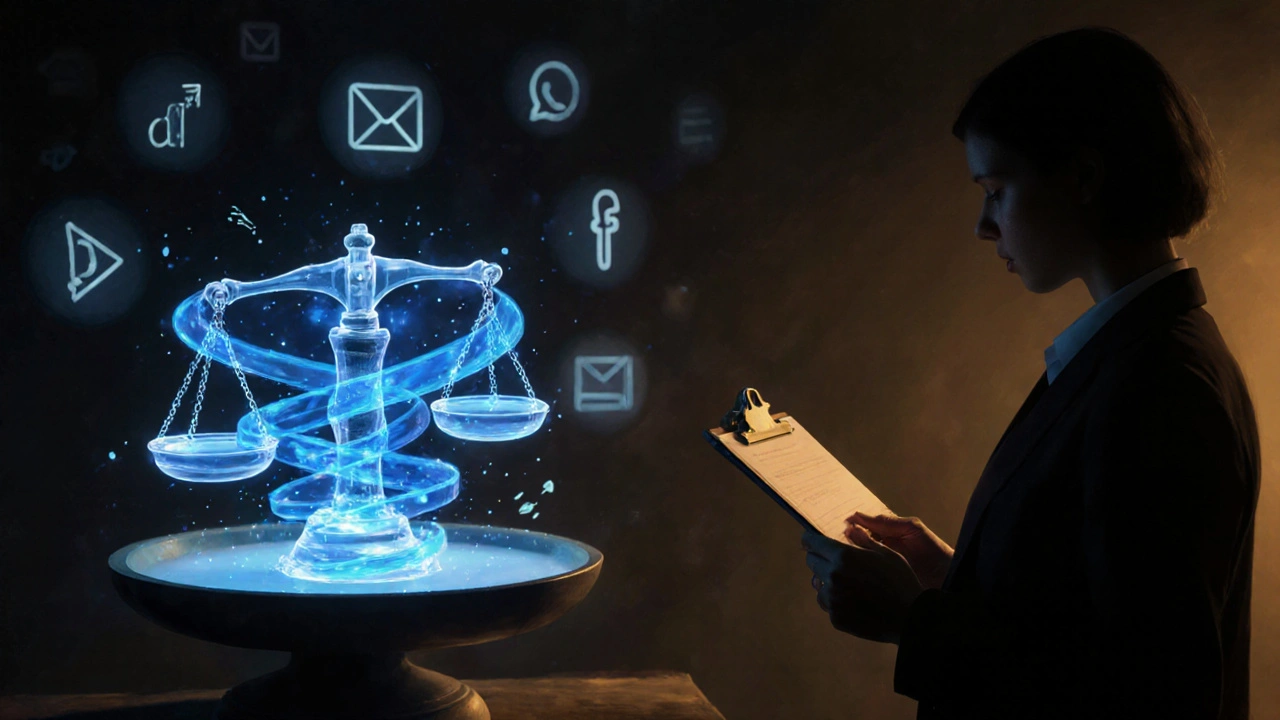 Symbolická váha porovnává AI hologram s člověkem kontrolujícím reklamu.