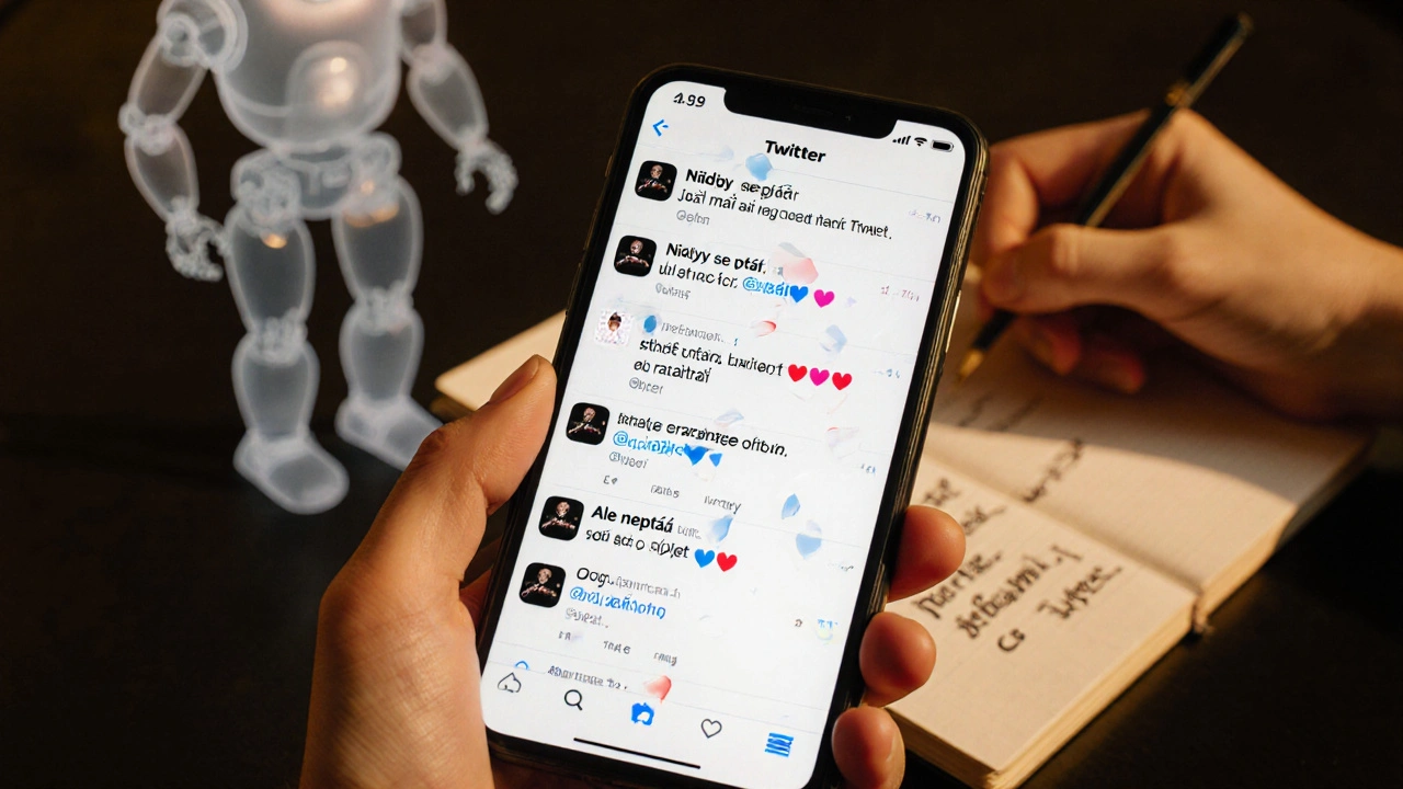 Chytrý telefon s vysokým engagementem na Twitteru, za ním se rozptýlí robotická silueta.