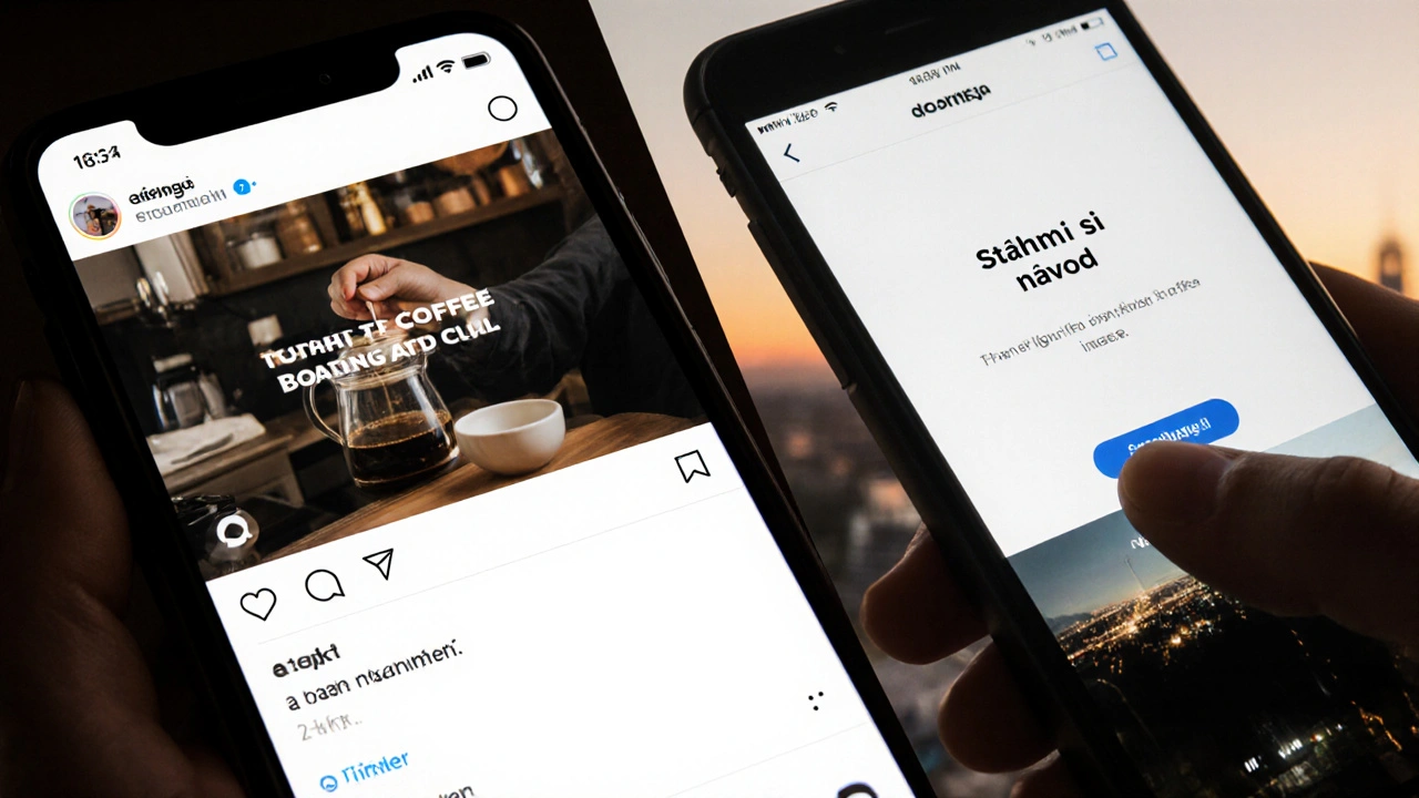 Člověk si prohlíží autentické video o kávě na telefonu, které ho přesměruje na webovou stránku.