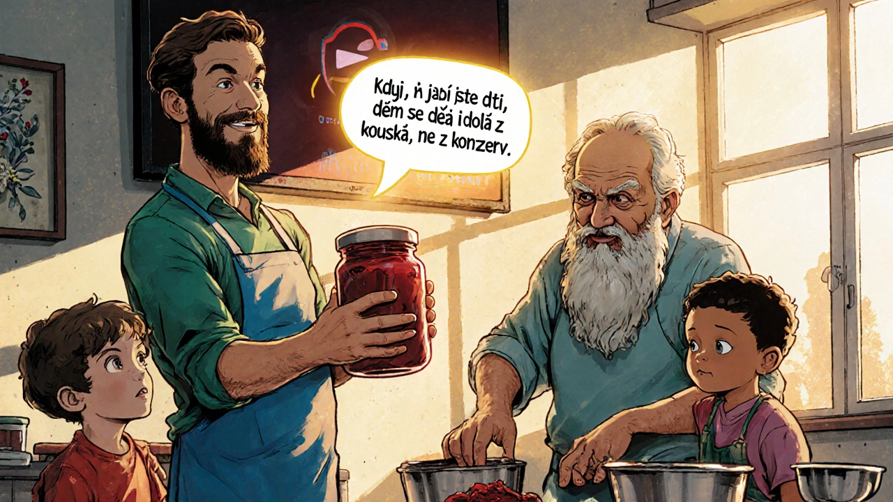 Děda učí děti dělat džem, nad nimi se objevuje reklamní text od ChatGPT.