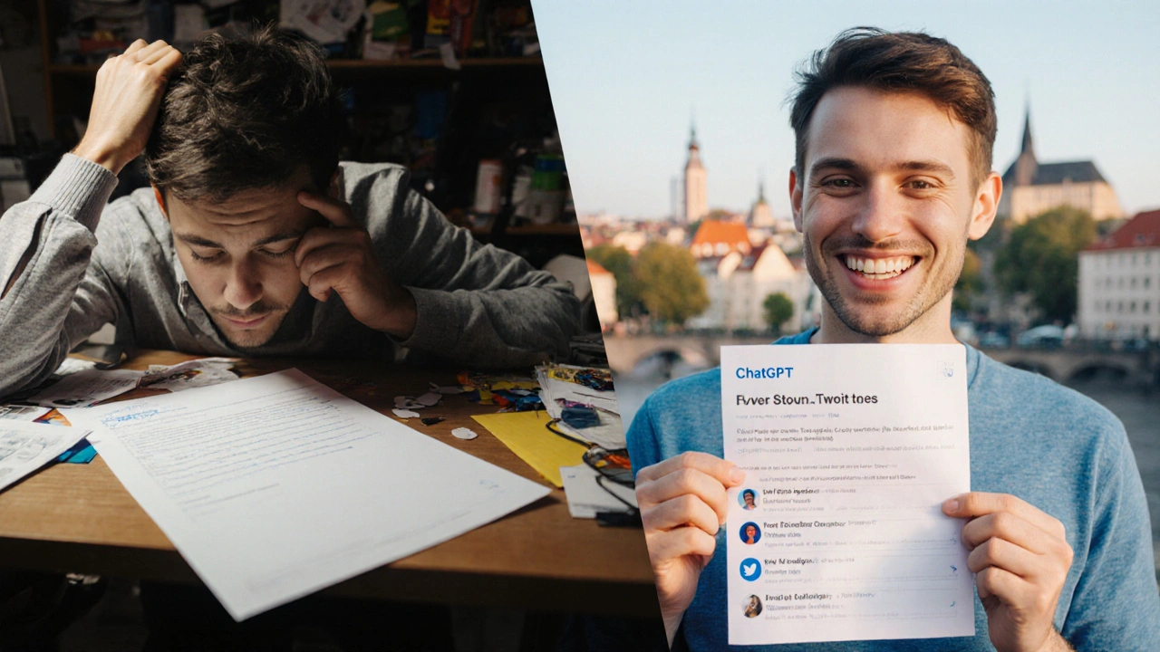 Dvoučástný obrázek: frustrace před prázdným tweetem vs. úspěch s vygenerovanými nápady od ChatGPT.