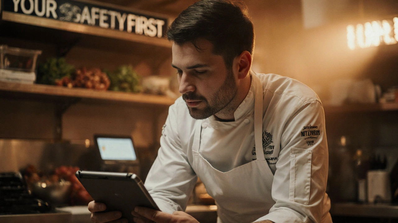 Kuchař v kuchyni přečítá upravenou odpověď o alergiích na mandle pro bezpečí zákazníků.