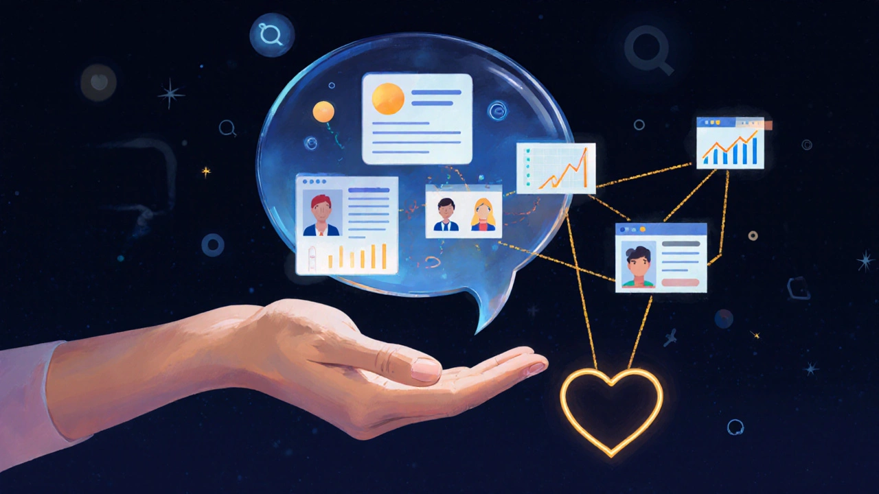 Lidská ruka vedoucí AI rozhraní s příspěvky pro různé skupiny a srdcem jako symbolem lidského spojení.