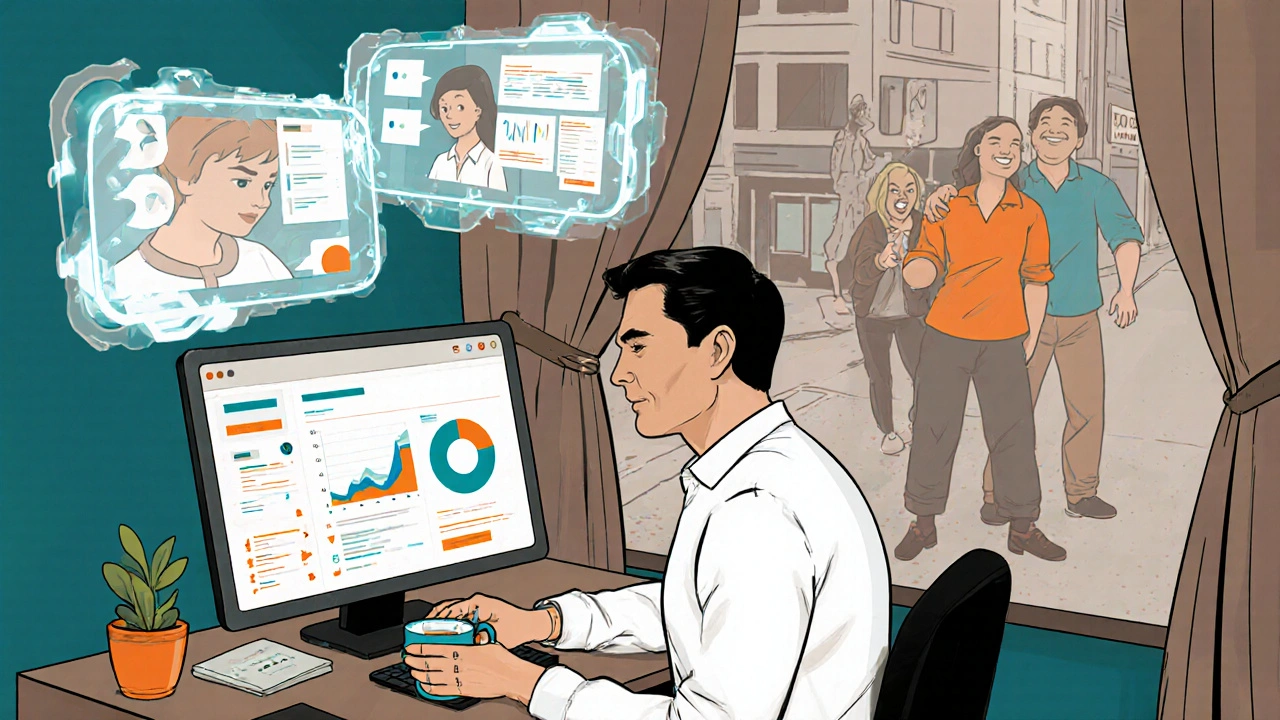 Marketingový manažer sleduje, jak AI automatizuje odpovědi a analýzy, zatímco on komunikuje s reálnými zákazníky.