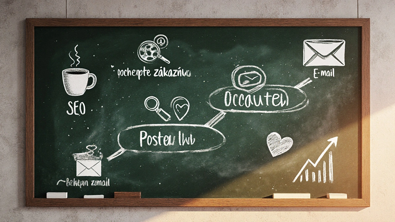 Náčrt cesty k online marketingu na tabuli s ikonami kávy, vyhledávání a e-mailu.