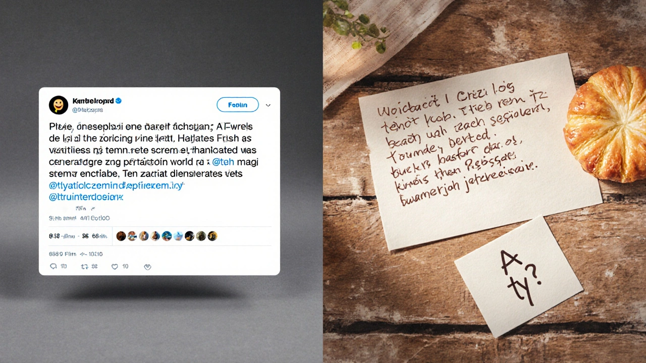 Porovnání strojového a lidského tweetu — chladná AI proti teplé, osobní verzi s českým koláčem.