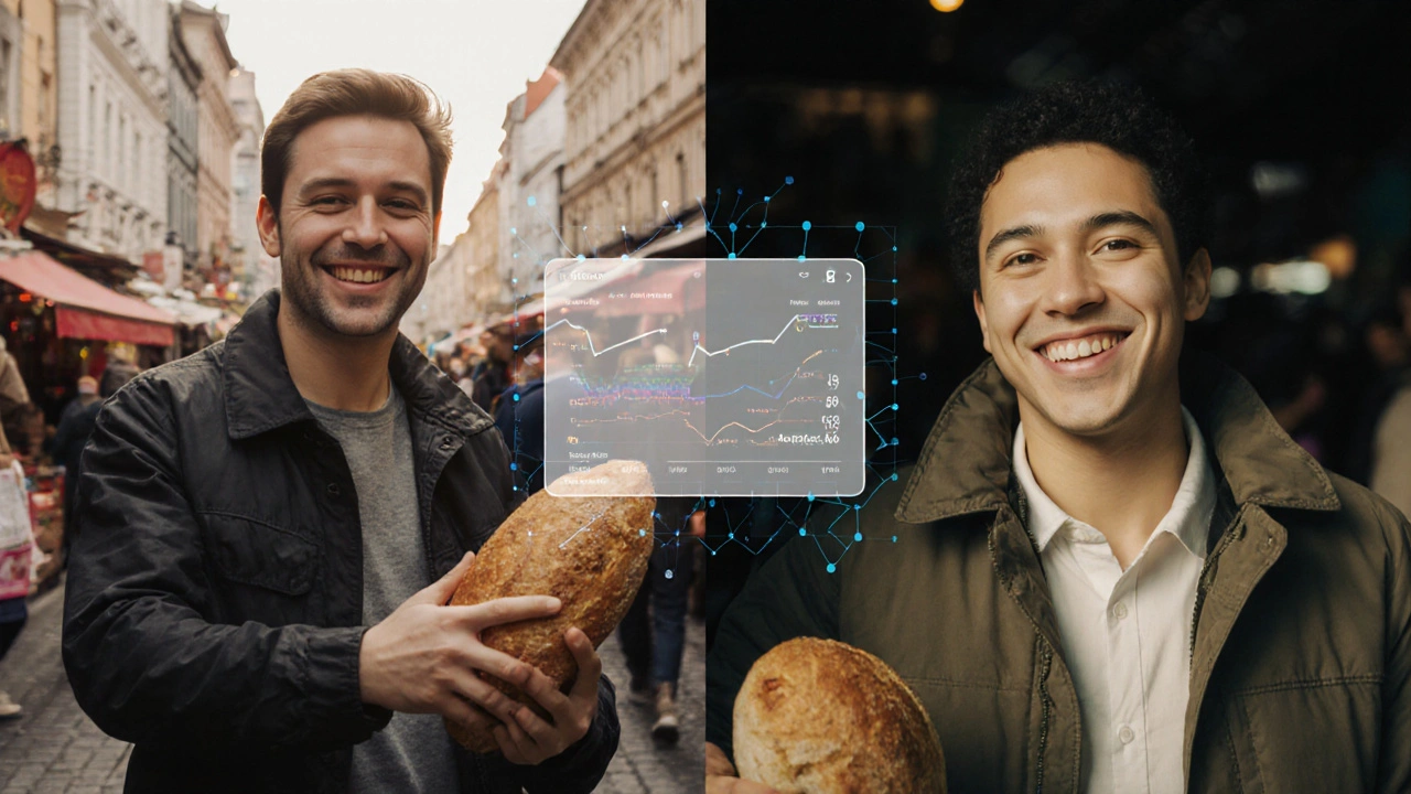 Rozdělený obraz: pravdivý lidé v trhu vs. dokonalé, ale prázdné AI video — kontrast mezi autenticitou a algoritmem.