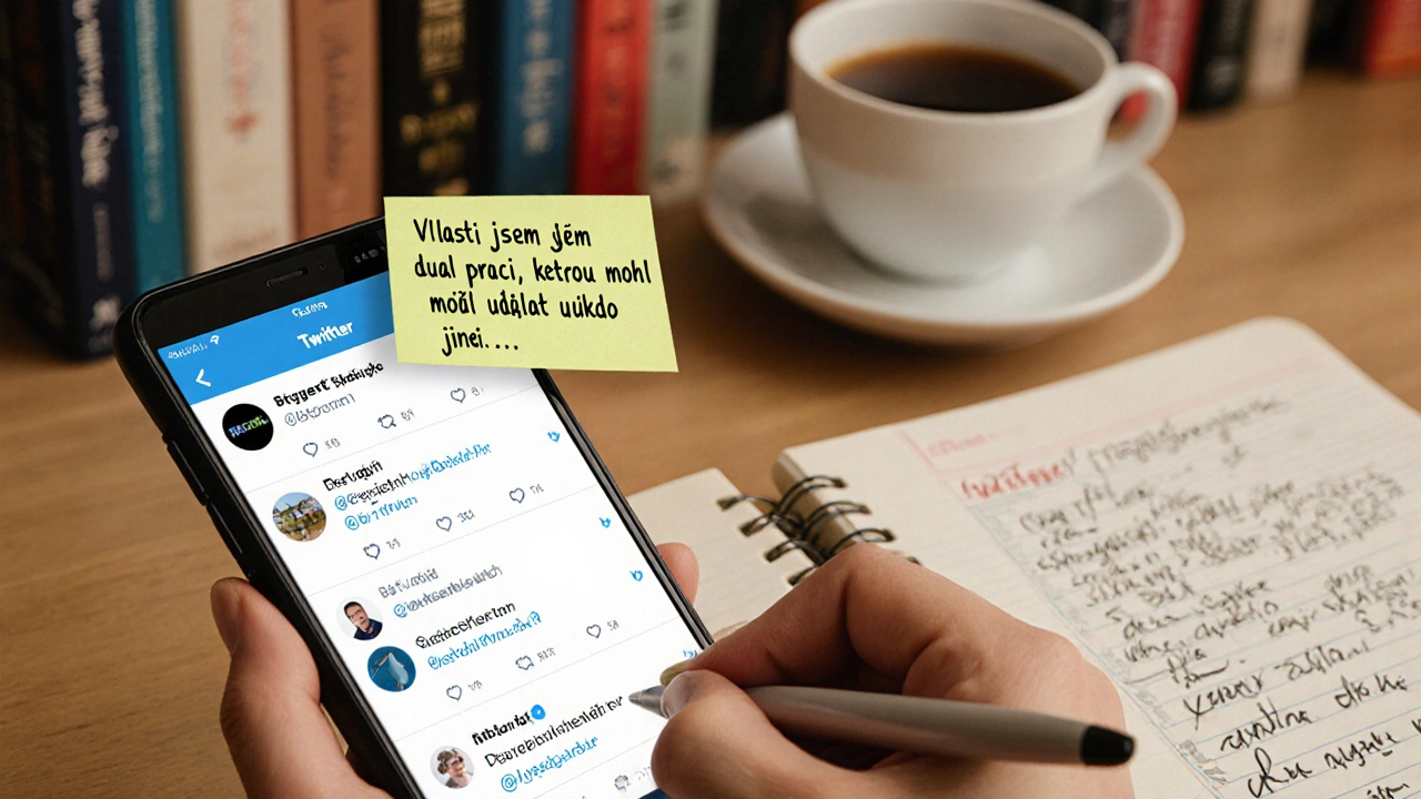 Ruka píše upravený tweet na lepidle, vedle smartphone s desítkami odpovědí, káva a poznámky na pozadí.