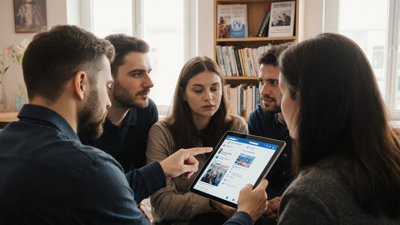 Skupina lidí v českém komunitním centru společně analyzuje dezinformaci pomocí AI.