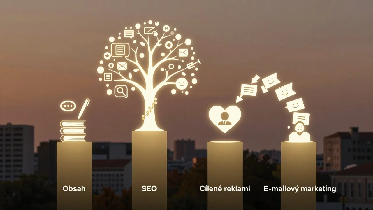 Čtyři sloupky podporující digitální strom reprezentující internetový marketing