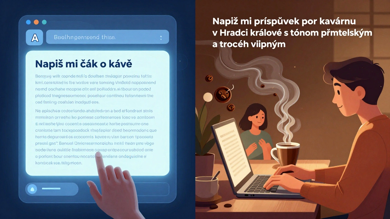 Dvě strany obrazovky: jedna s obecným výstupem AI, druhá s přizpůsobeným, živým textem pro malý podnik.
