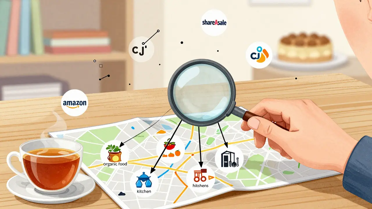 Ilustrace s mapou affiliate programů a ikonami Amazon, ShareASale a jiných, propojených šipkami k produktům jako jídlo a kuchyňské nářadí.