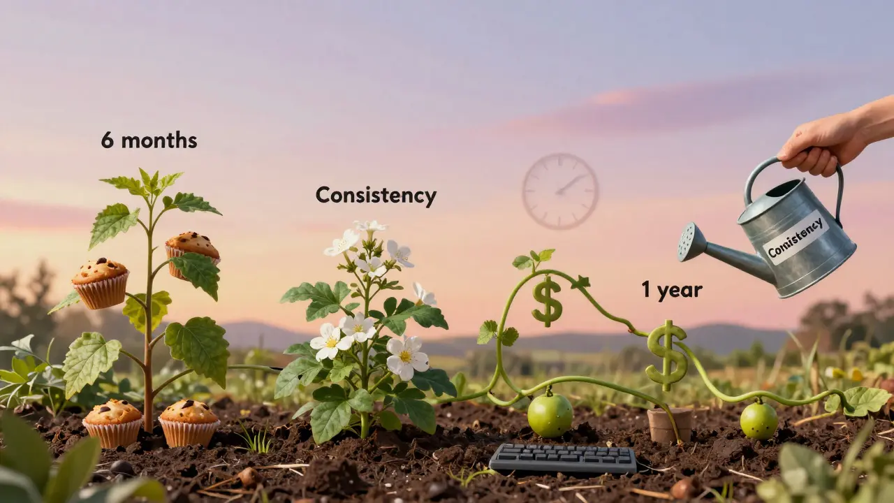 Květinová zahrada, kde každá rostlina představuje článek o affiliate marketingu, s ovoce ve tvaru peněz a rukou, která zavlažuje.