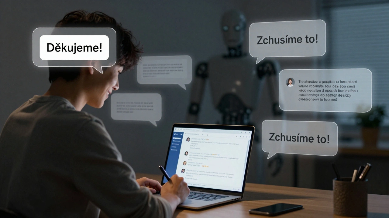 Osoba píše osobní odpověď na Facebook, zatímco AI odpovědi plavou kolem.