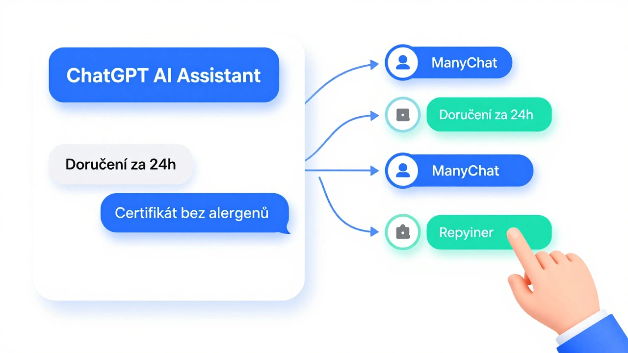 Průběh automatizace Facebook komunikace: zpráva od zákazníka přes AI asistenta k lidskému schválení a odeslání odpovědi.