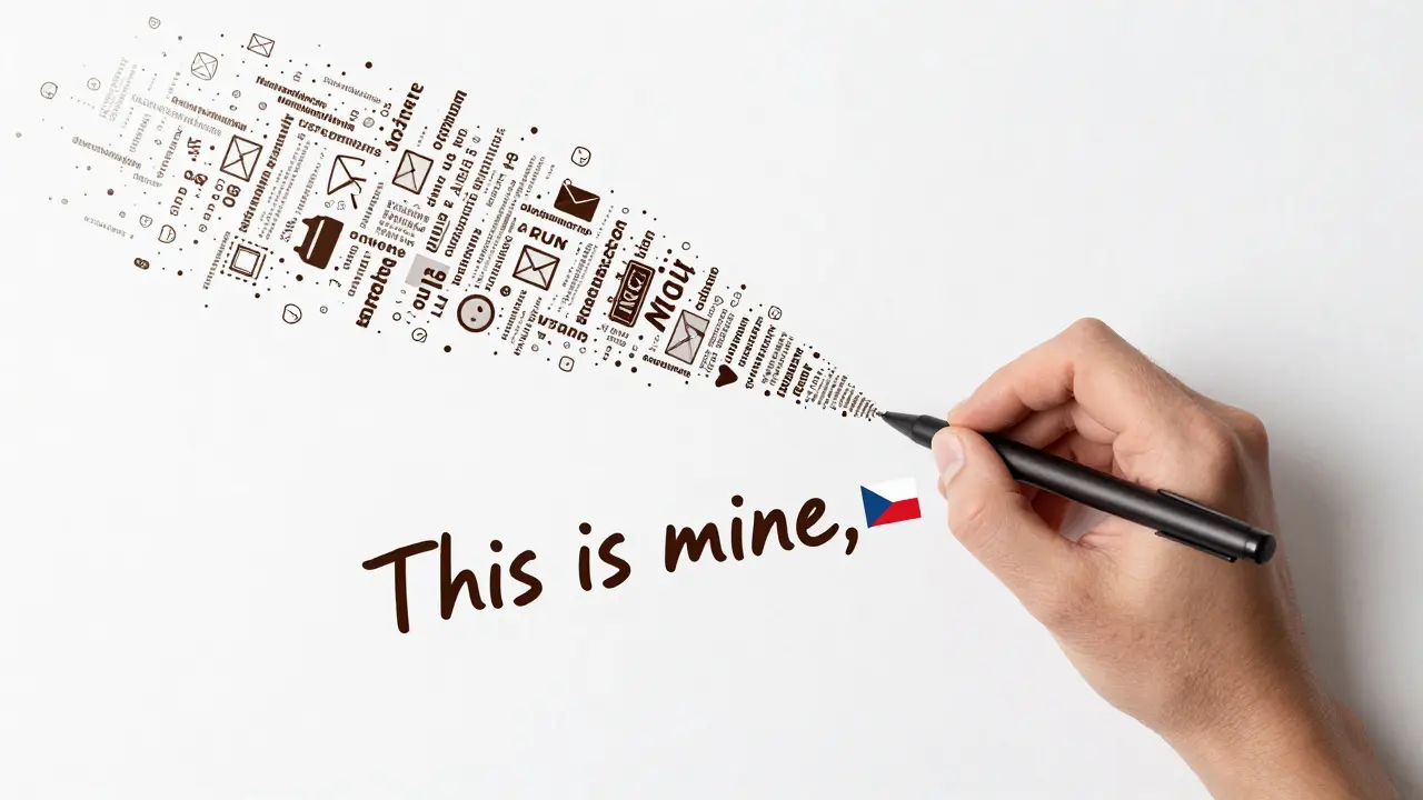 Ruka píše větu 'To je moje' do textu generovaného AI, symbolizující lidskou kontrolu nad automatizovaným obsahem.