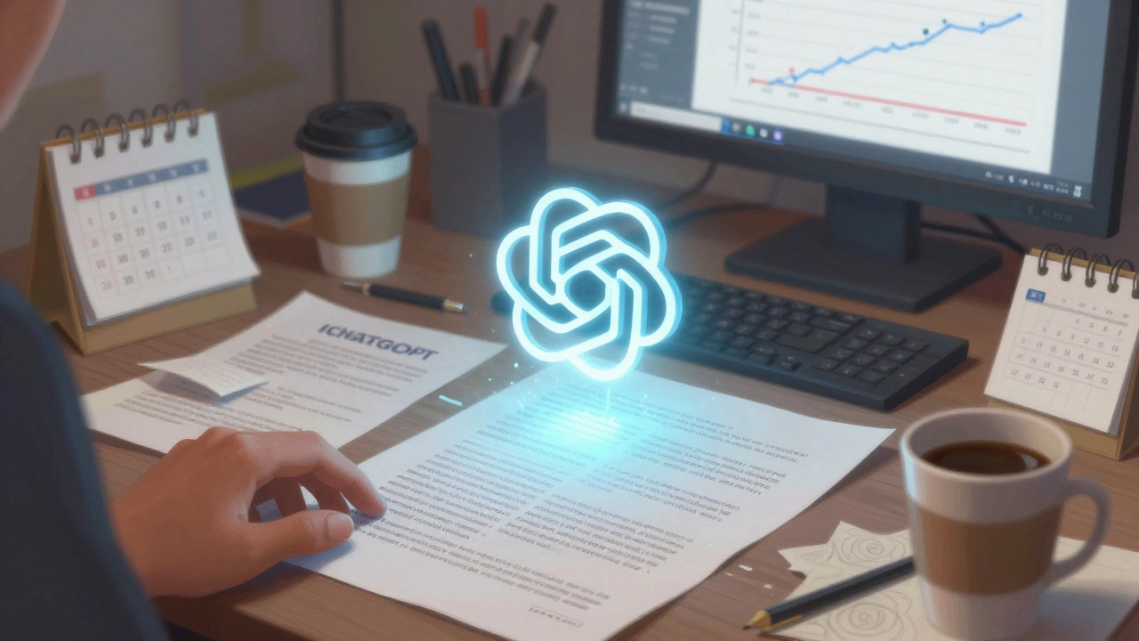 Ruka přidává ikonu ChatGPT na stůl s návrhy příspěvků na Facebooku.