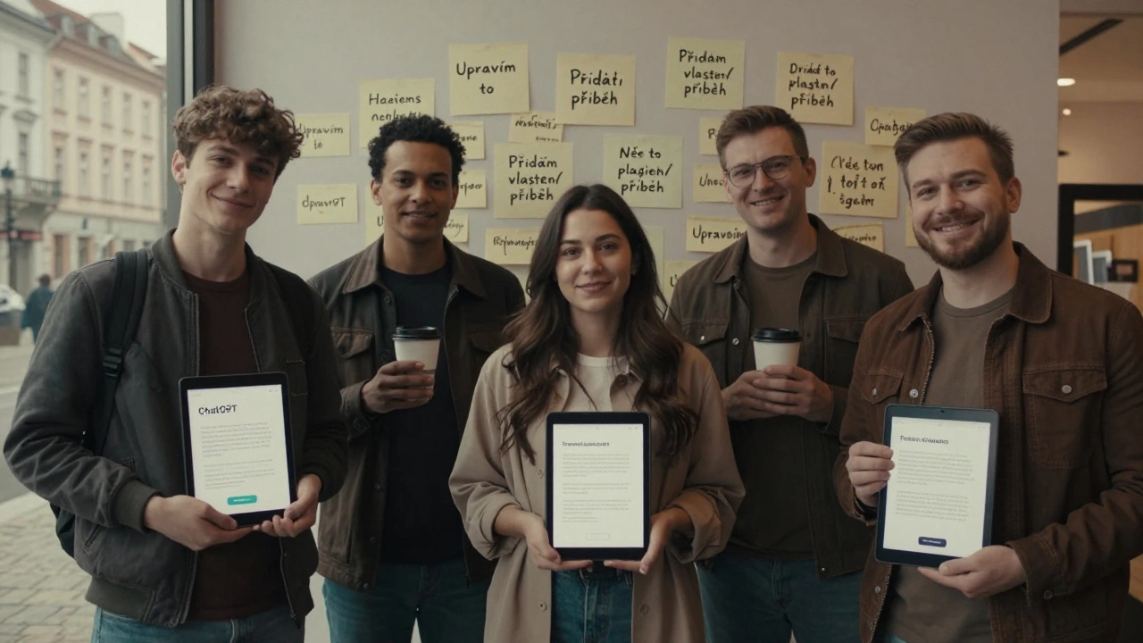Různí lidé v Hradci Králové používají ChatGPT k vytváření obsahu — student, podnikatel a freelancer s kávou a tabletem.