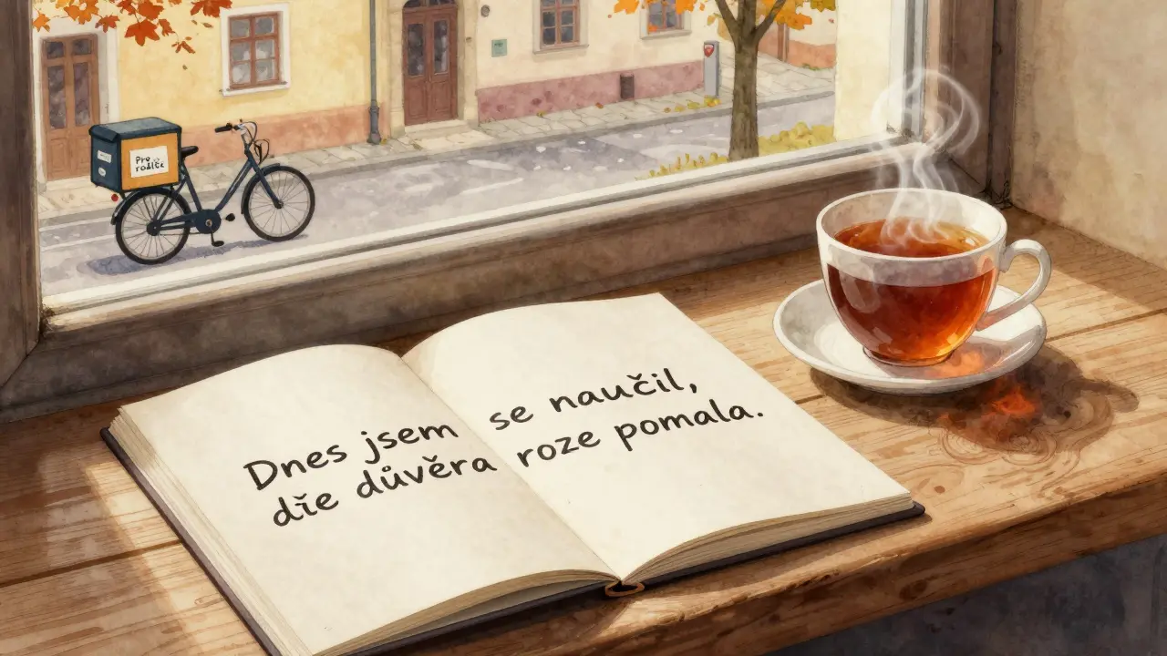 Tisková zpráva pro rodiče leží na okně s šálkem čaje a listím na pozadí.