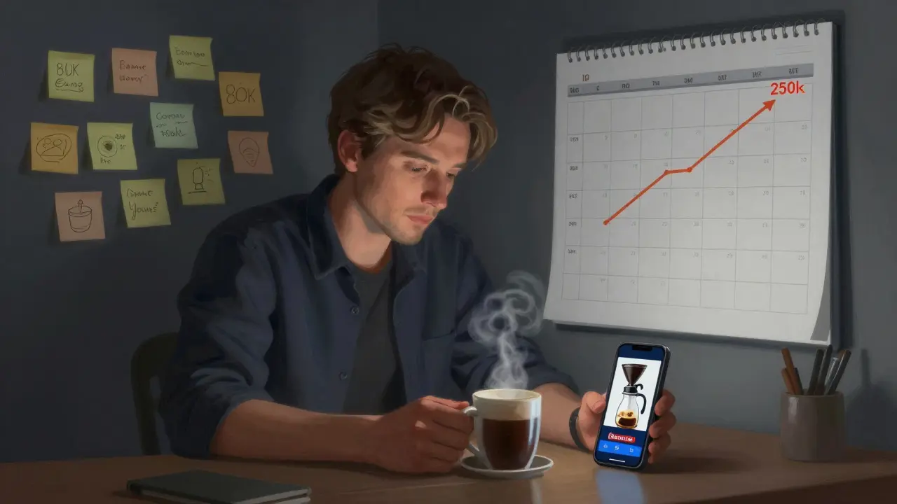 Vlastník kavárny pracuje pozdě v noci s návrhy a růstovým grafem