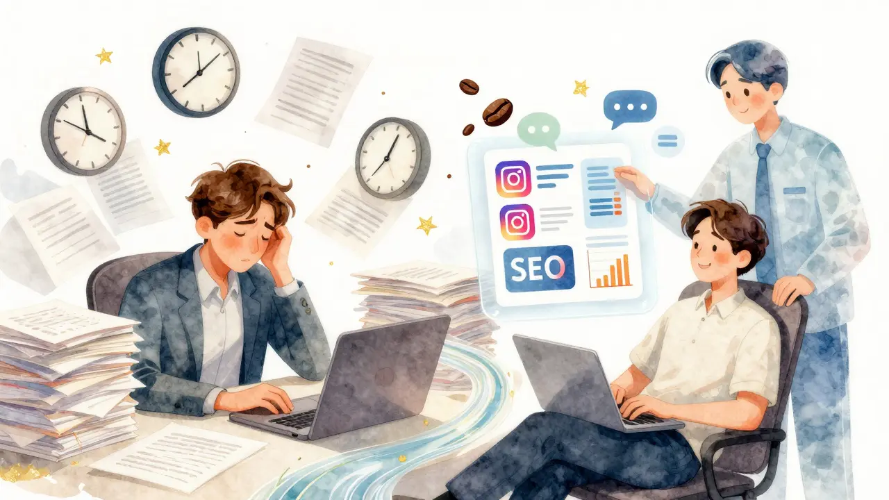 Výtvarná ilustrace: marketingový specialistka přechází od přetíženého psaní k klidné spolupráci s umělou inteligencí.