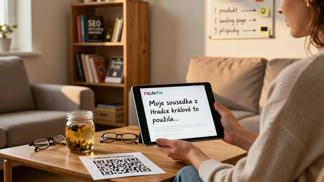 Žena v českém bytě ukazuje recenzi produktu na tabletu, na stole čaj a brýle, za ní knihy a poznámky.