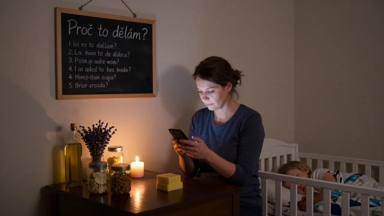 Žena v domácím prostředí nahrává hlasovou zprávu s přírodními surovinami kolem sebe.