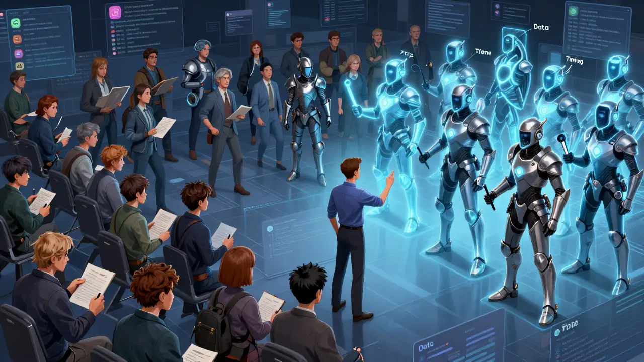 Comic-style battle between human copywriters and AI agents in a digital marketing landscape.