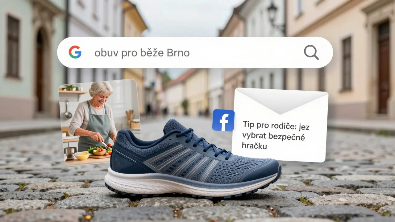 Dvojice ekologických běžeckých bot na ulici s překrývajícími se digitálními prvky.