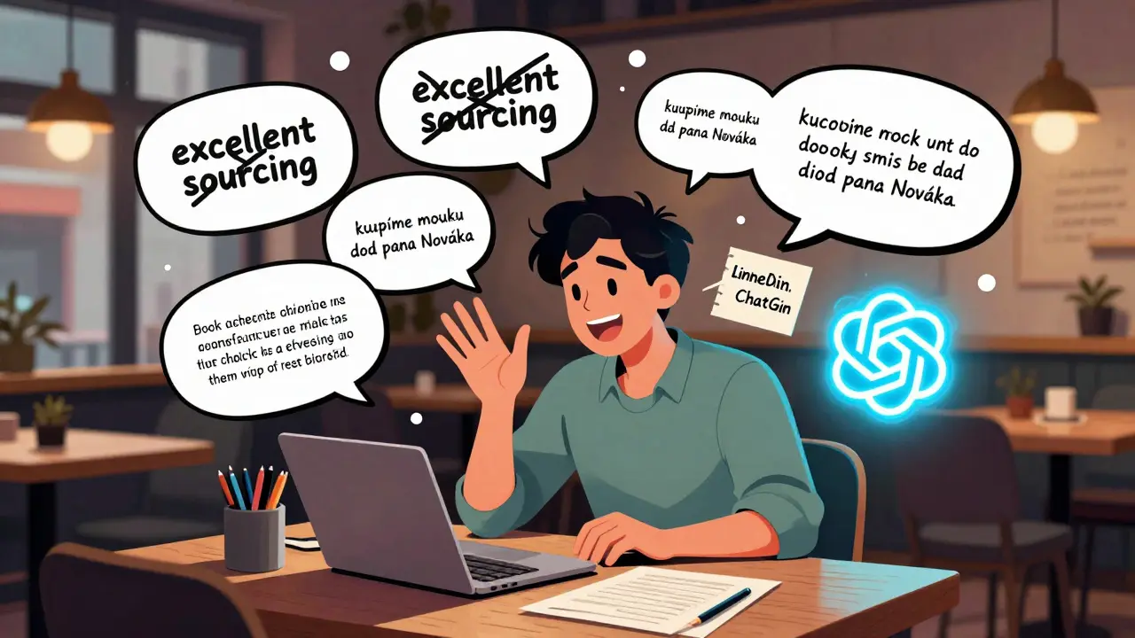 Osoba upravuje AI-generované příspěvky na počítači, ručně přepisuje strojový text na lidský v kavárně.