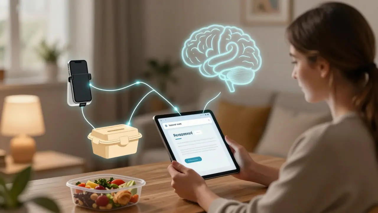 Person in Prague apartment receiving a personalized email with connected product visuals.