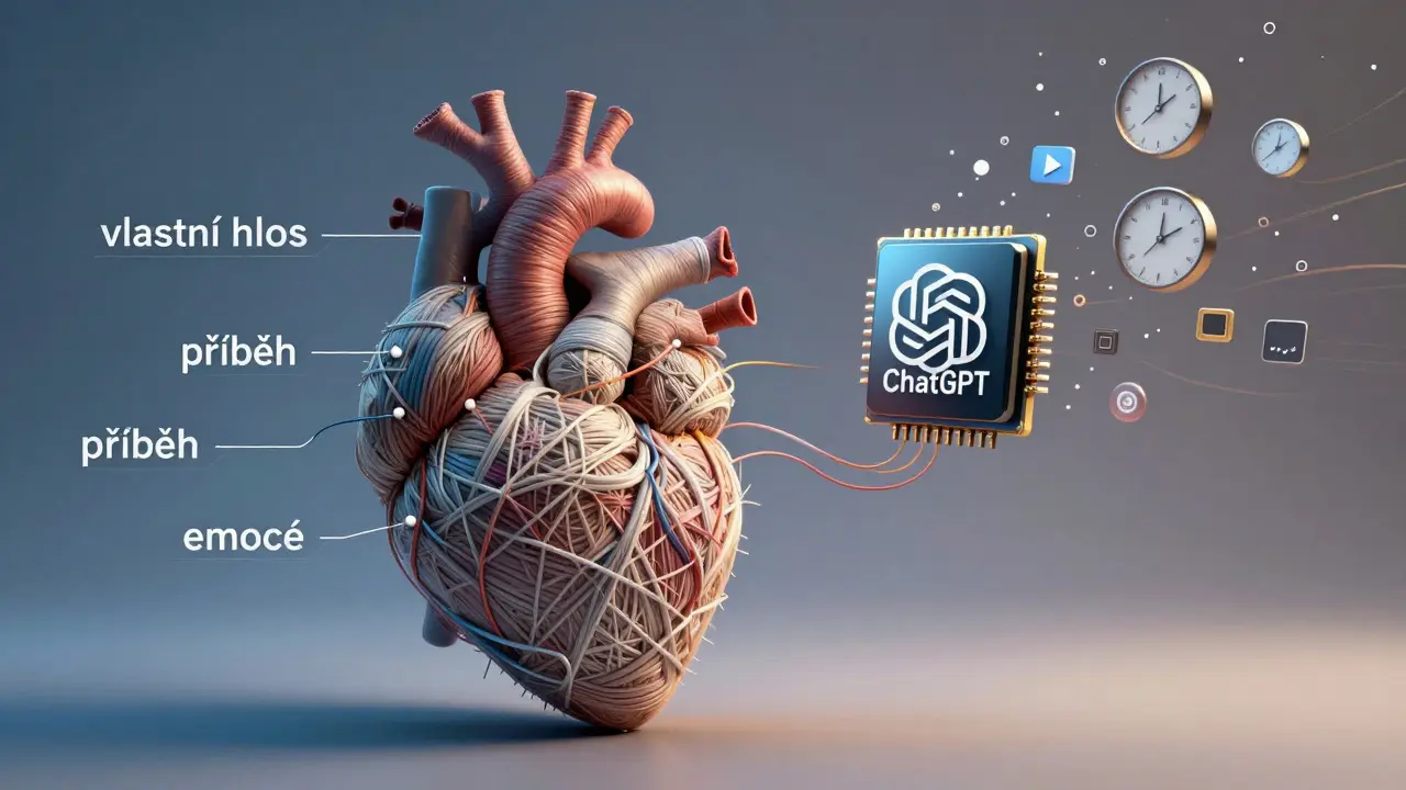 Srdce složené z lidských hodnot spojené s AI čipem, který ušetří čas, ne nahradí autenticitu.