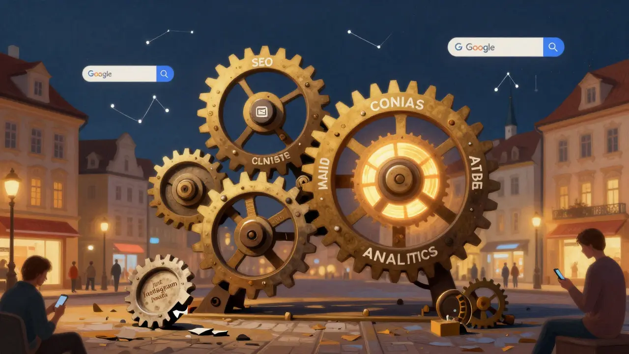 Velký mechanický hodiny s koly reprezentujícími online marketing v českém městě.