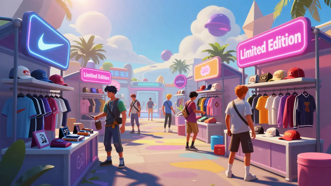 Virtuální obchod v hře Fortnite s oblečením Nike a Gucci pro hráčské avatary.
