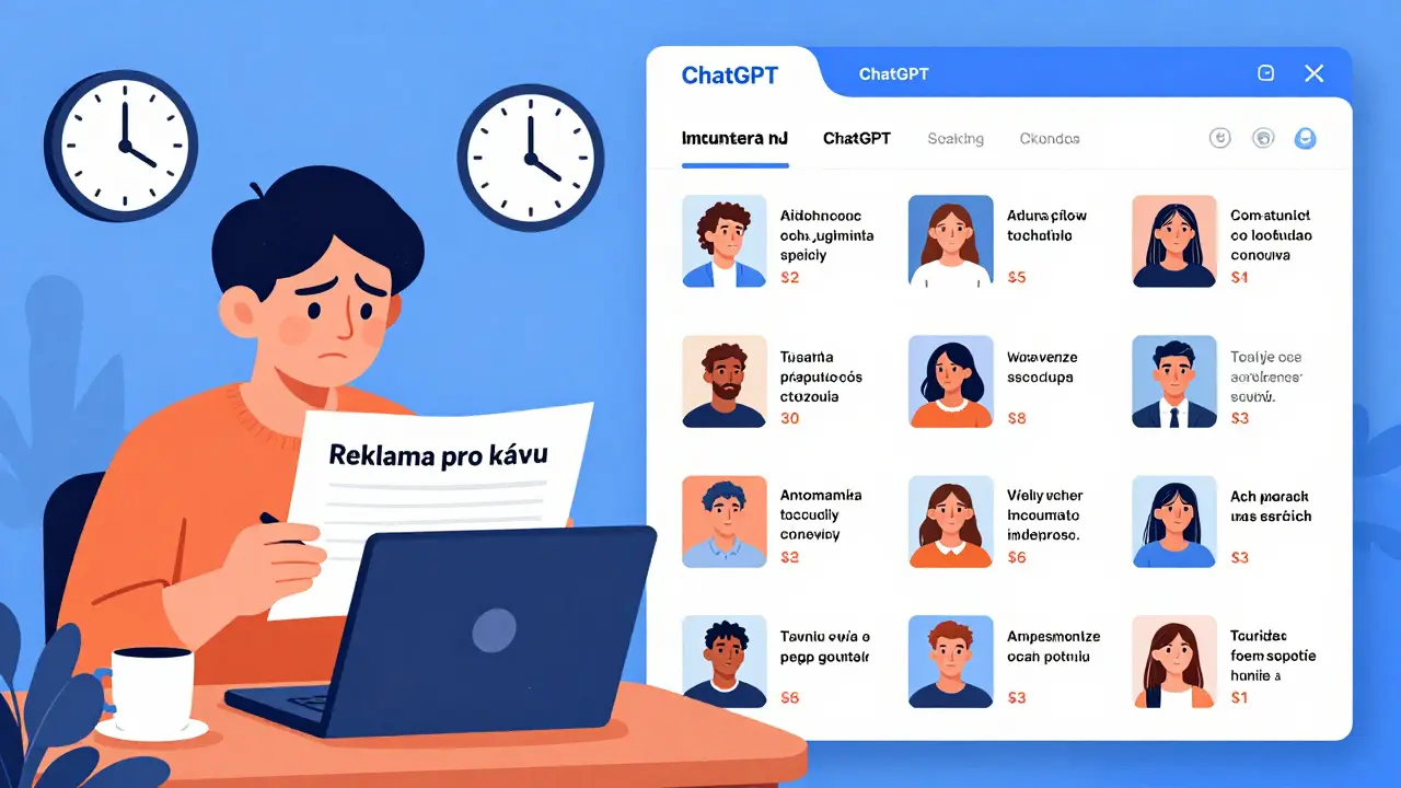 Contrast between a stressed copywriter and ChatGPT rapidly creating 30 personalized social media ad variants.