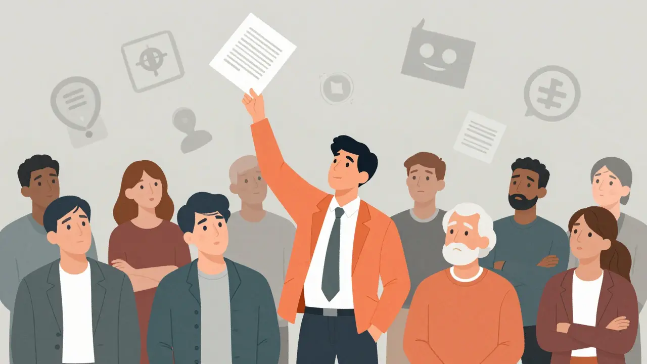 Marketer házející neosobní zprávy do rozmanitého davu, kteří se obrací pryč.