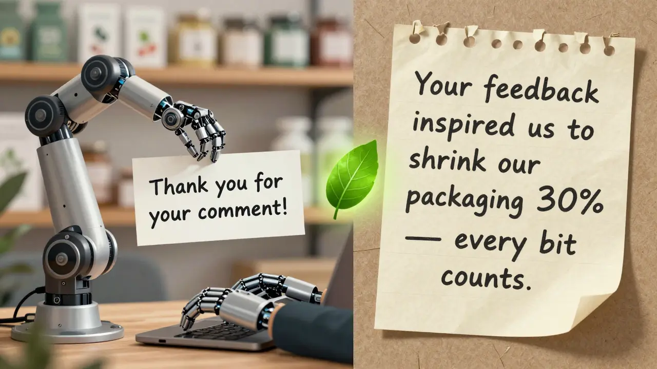 Rozdíl mezi šablonovou odpovědí a lidským příspěvkem s zeleným listem jako symbolem autenticity.