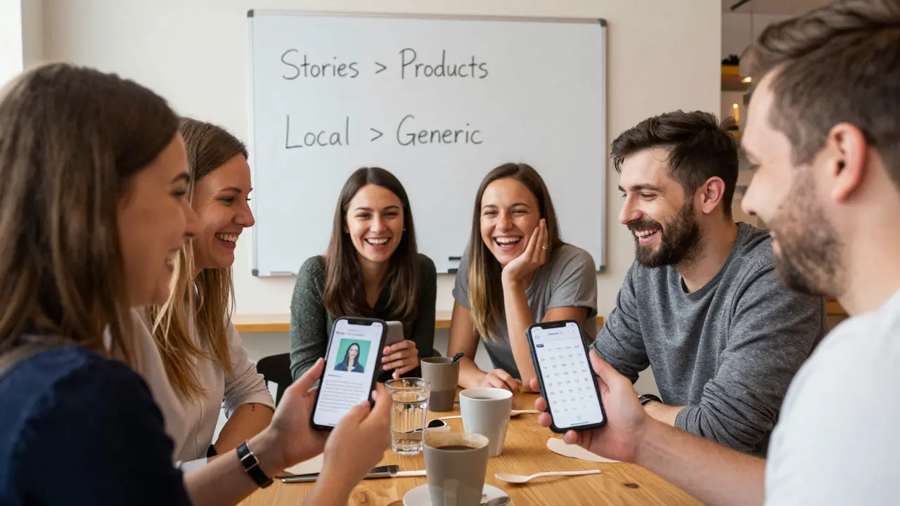 Skupina českých malých podnikatelů v kavárně v Brně diskutuje o návrhách obsahu vytvořených pomocí ChatGPT.