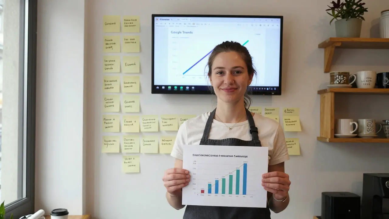 Small business owner in Olomouc celebrates sales growth from AI-generated ads with analytics and campaign notes on the wall.