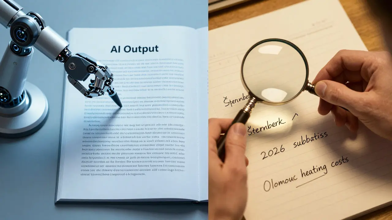 Split image: robotic AI writing generic text vs. human adding local Czech details like subsidies and city names to the same page.