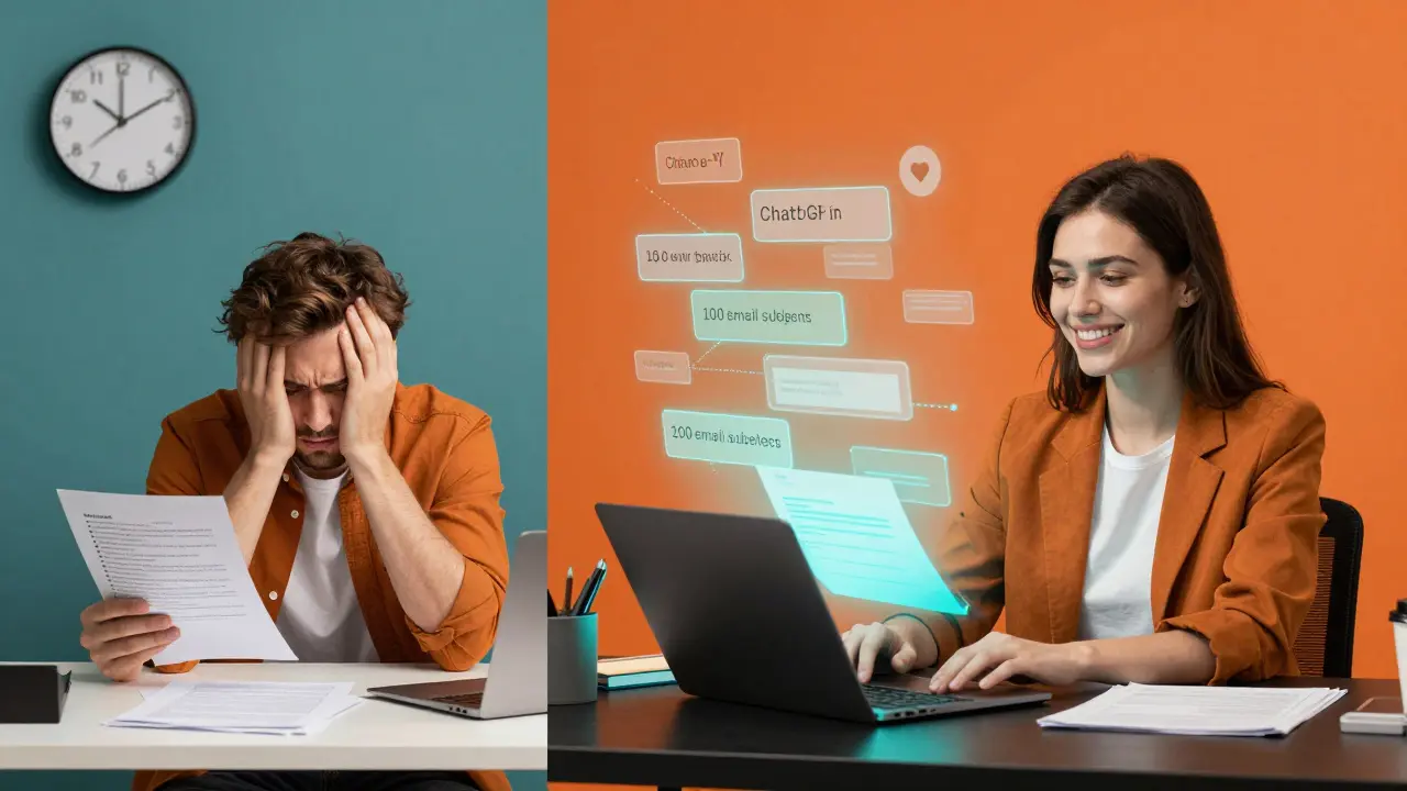 Split-screen obraz: trápený marketingář vs. stejný člověk, jak mu ChatGPT generuje 100 variant titulků.