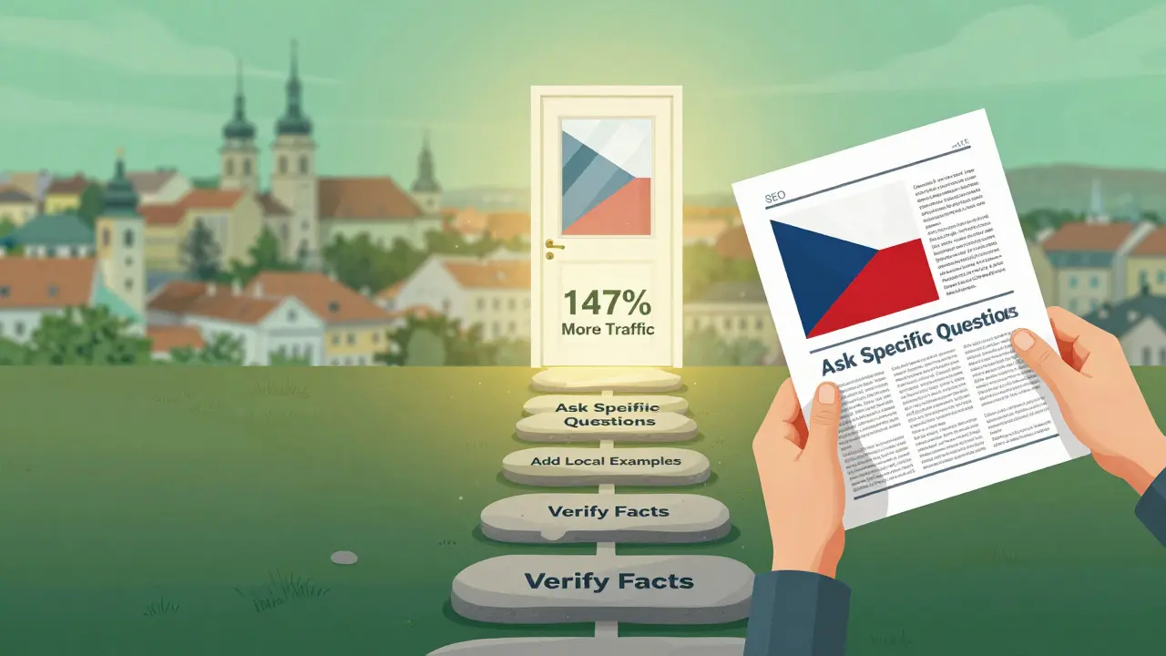 Stepping stones lead to a glowing door labeled '147% More Traffic', symbolizing effective SEO with local context in Czechia.
