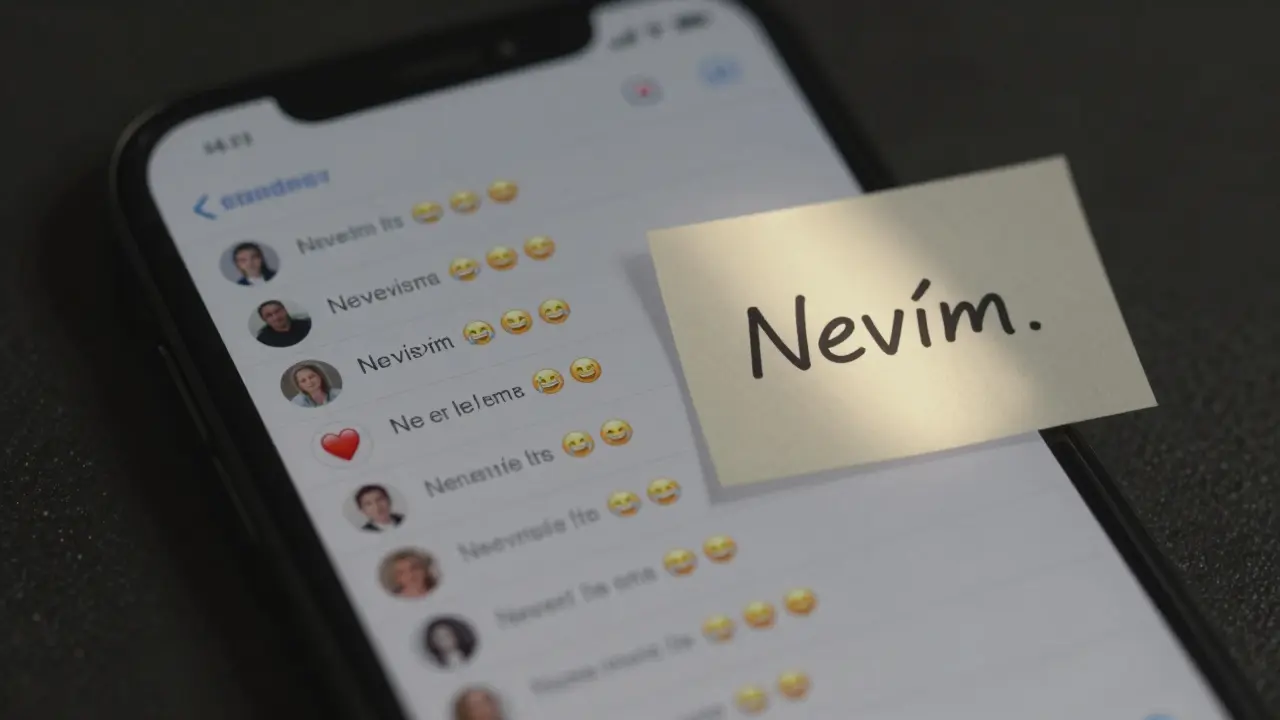 Telefonní obrazovka s kopírovanými AI příspěvky a jediným ručně napsaným 'Nevím.' které září.