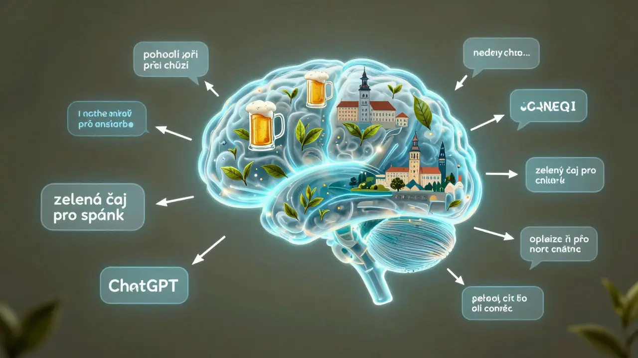 Abstraktní reprezentace ChatGPT jako inteligentního mozku, který transformuje české kulturní prvky a zákaznické recenze do marketingového obsahu.